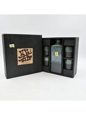 Kafuh Japan Ceramic Sake Set 1 Carafe 4 Ochoko Cups Teal Black Ombre Box NIB